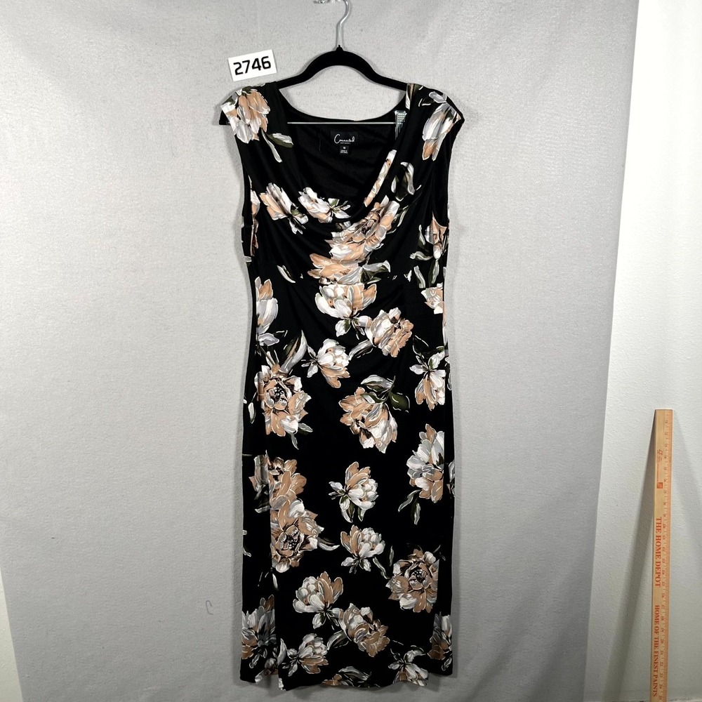Connected Apparel Drape Neck Midi Dress‎ Womens 10 Black Floral Stretch Lined